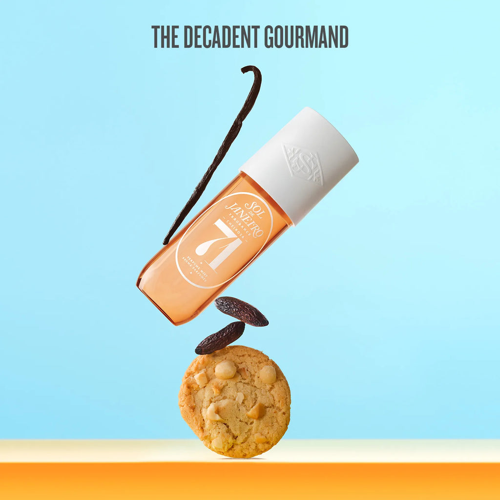 Vanilla extract bottle with a cookie and vanilla bean on a blue background, featuring 'The Decadent Gourmand'.
