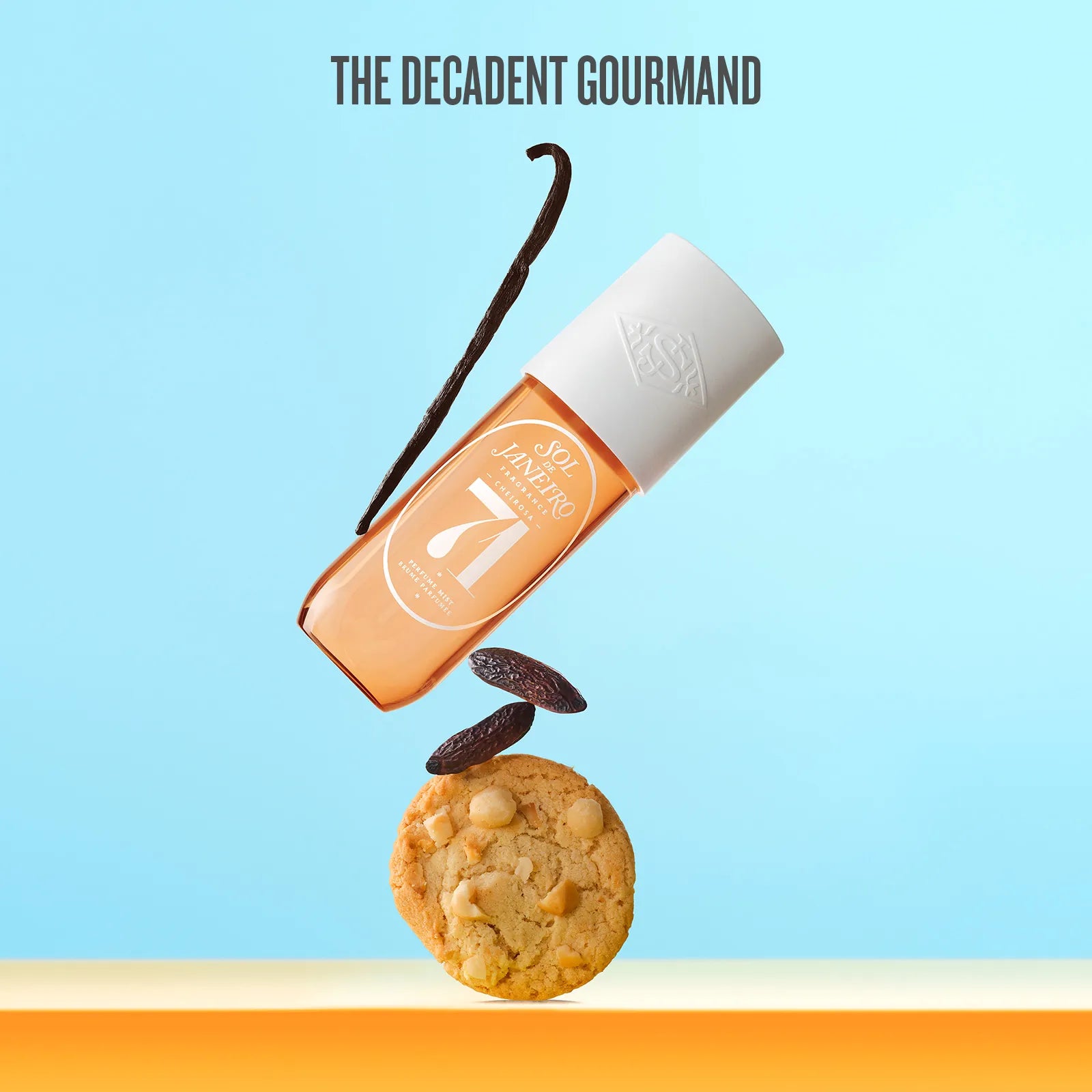 Vanilla extract bottle with a cookie and vanilla bean on a blue background, featuring 'The Decadent Gourmand'.