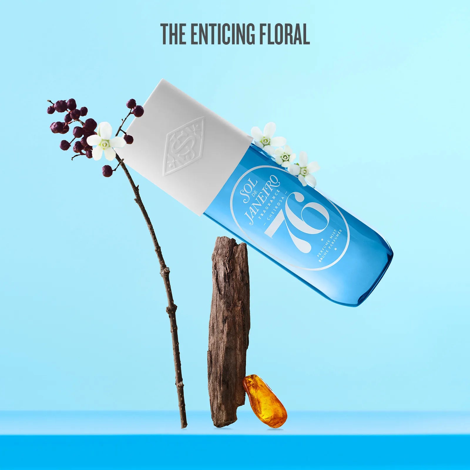 Blue bottle with floral elements on a light blue background