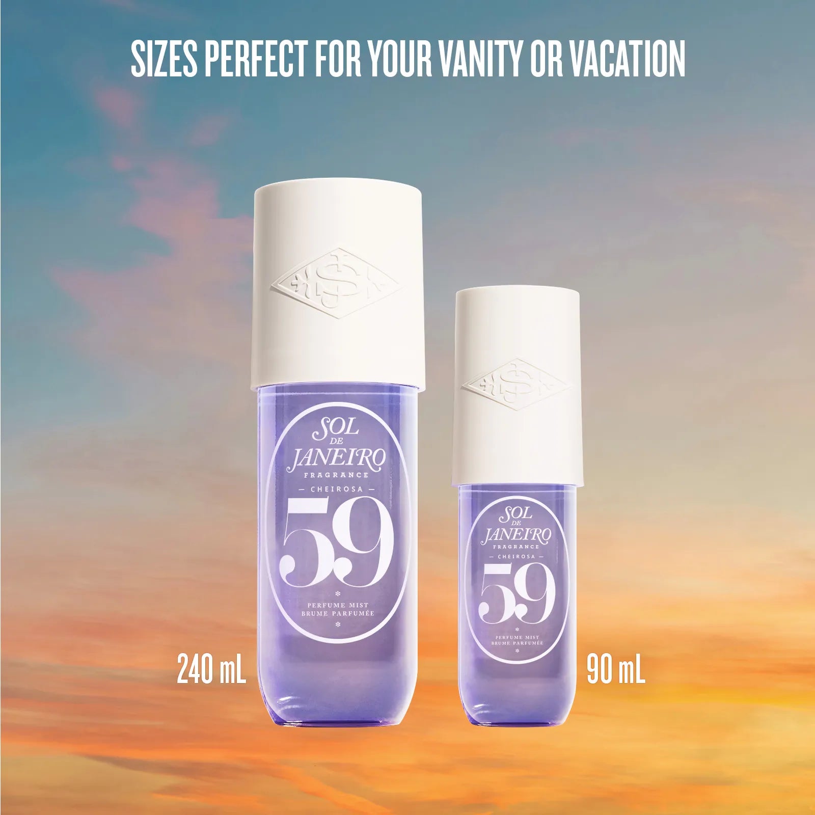 Two Sol de Janeiro perfume bottles with sizes 240 mL and 90 mL on a colorful background.