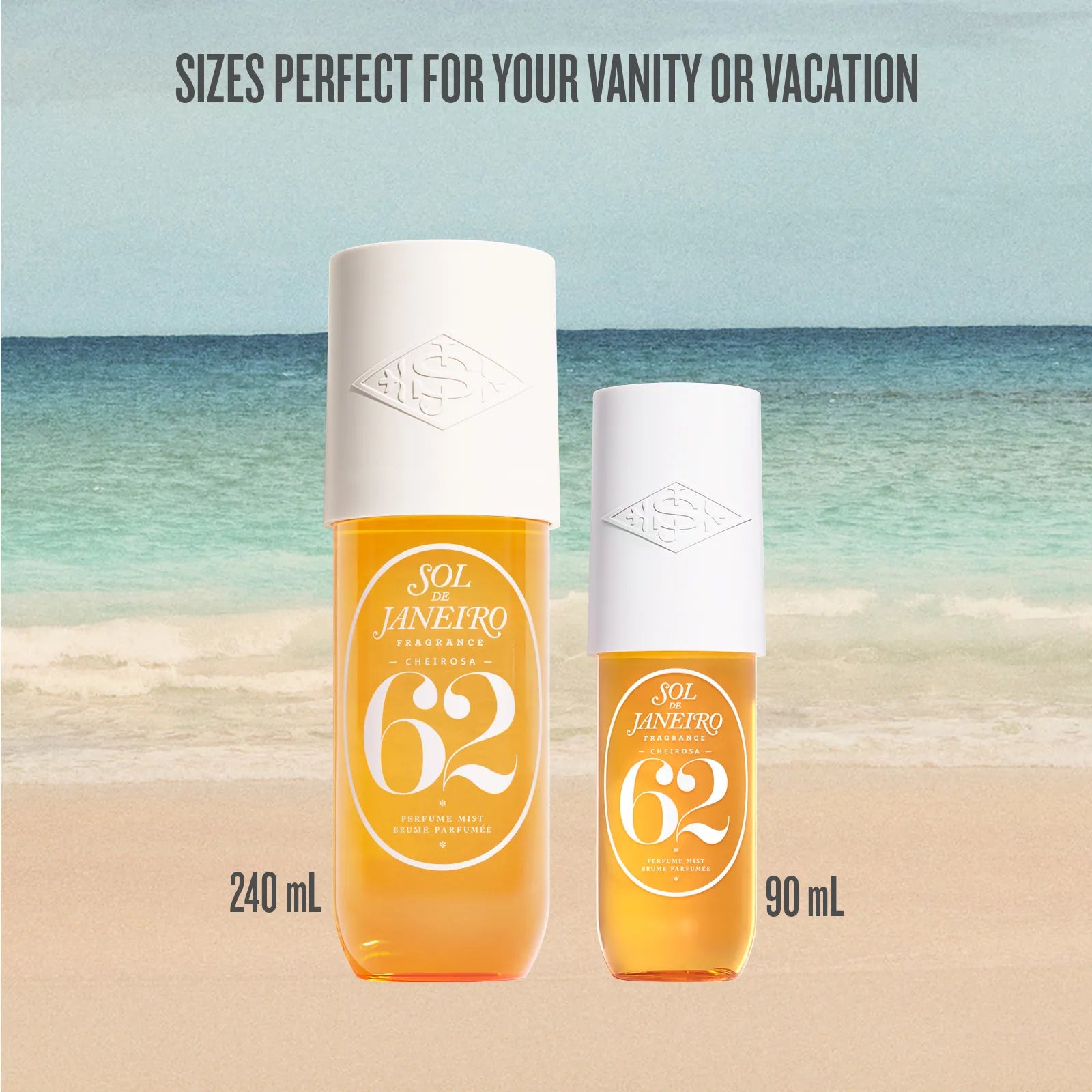 Two Sol de Janeiro perfume bottles on a beach with ocean view