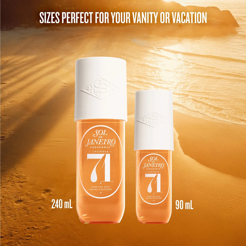 Two bottles of Sol de Janeiro body wash on a sandy background with text about size options.