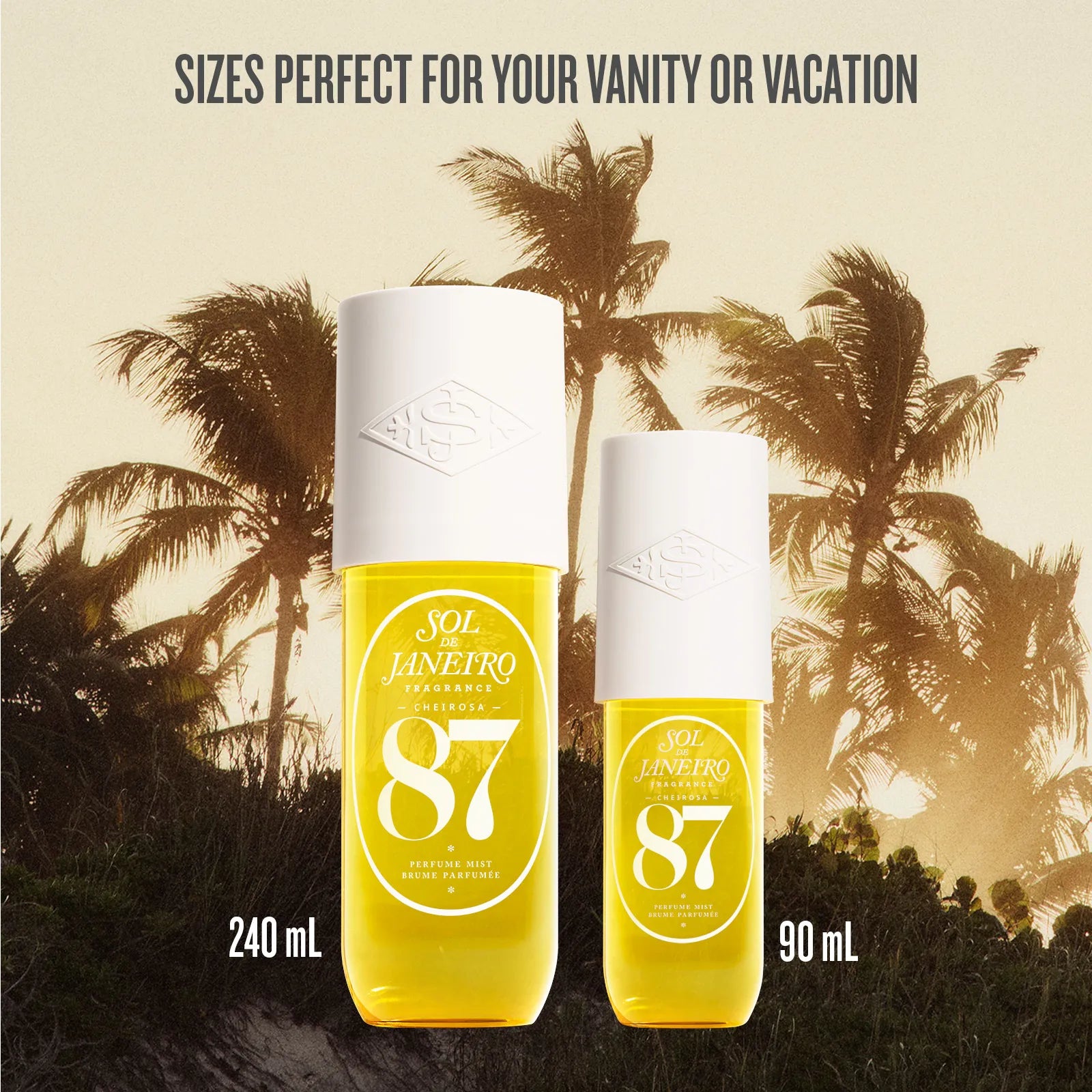 Two yellow bottles with white caps labeled '87' against a palm tree background