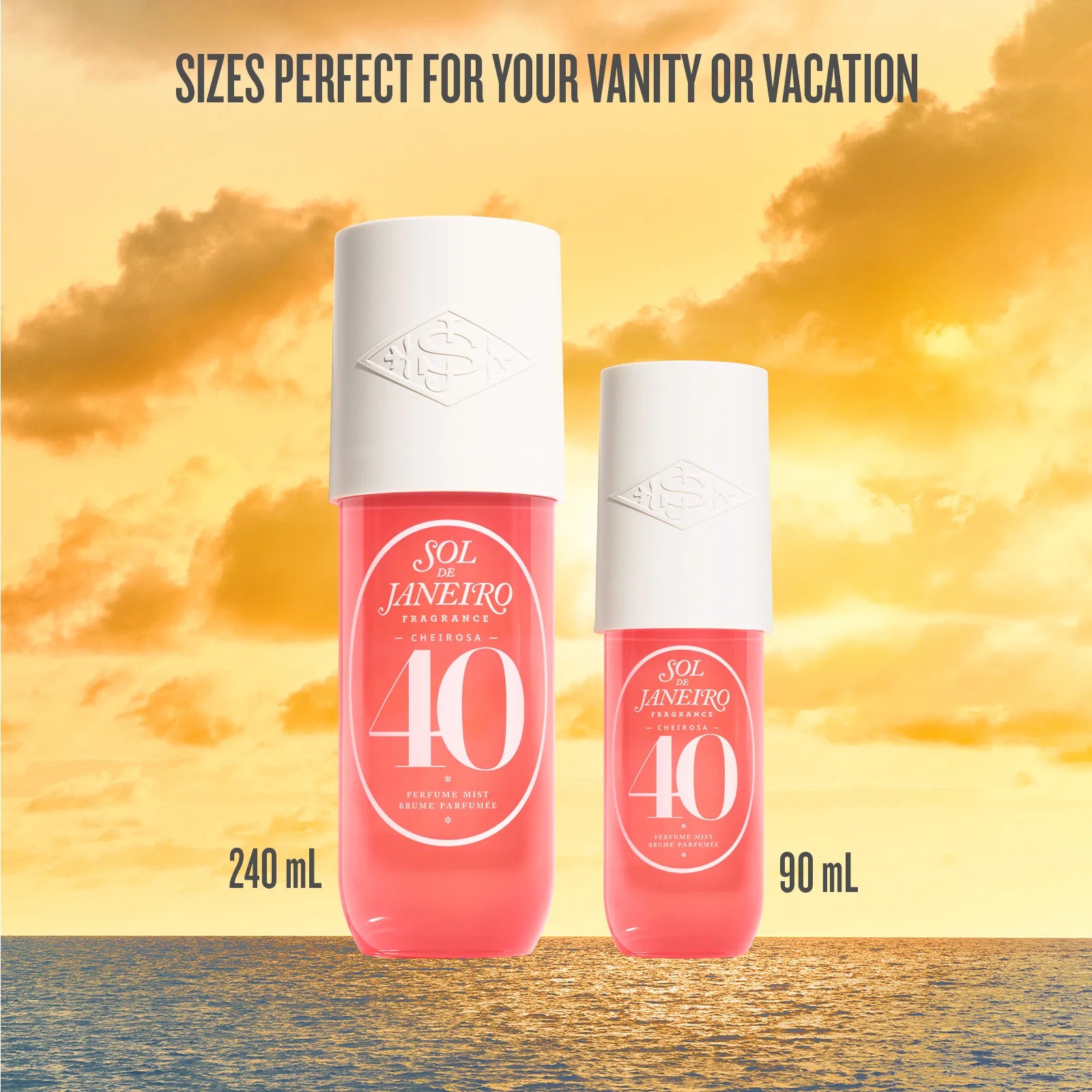 Two perfume bottles with a sunset background