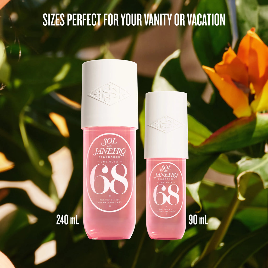 Two pink bottles with white caps labeled '68' on a leafy green background.