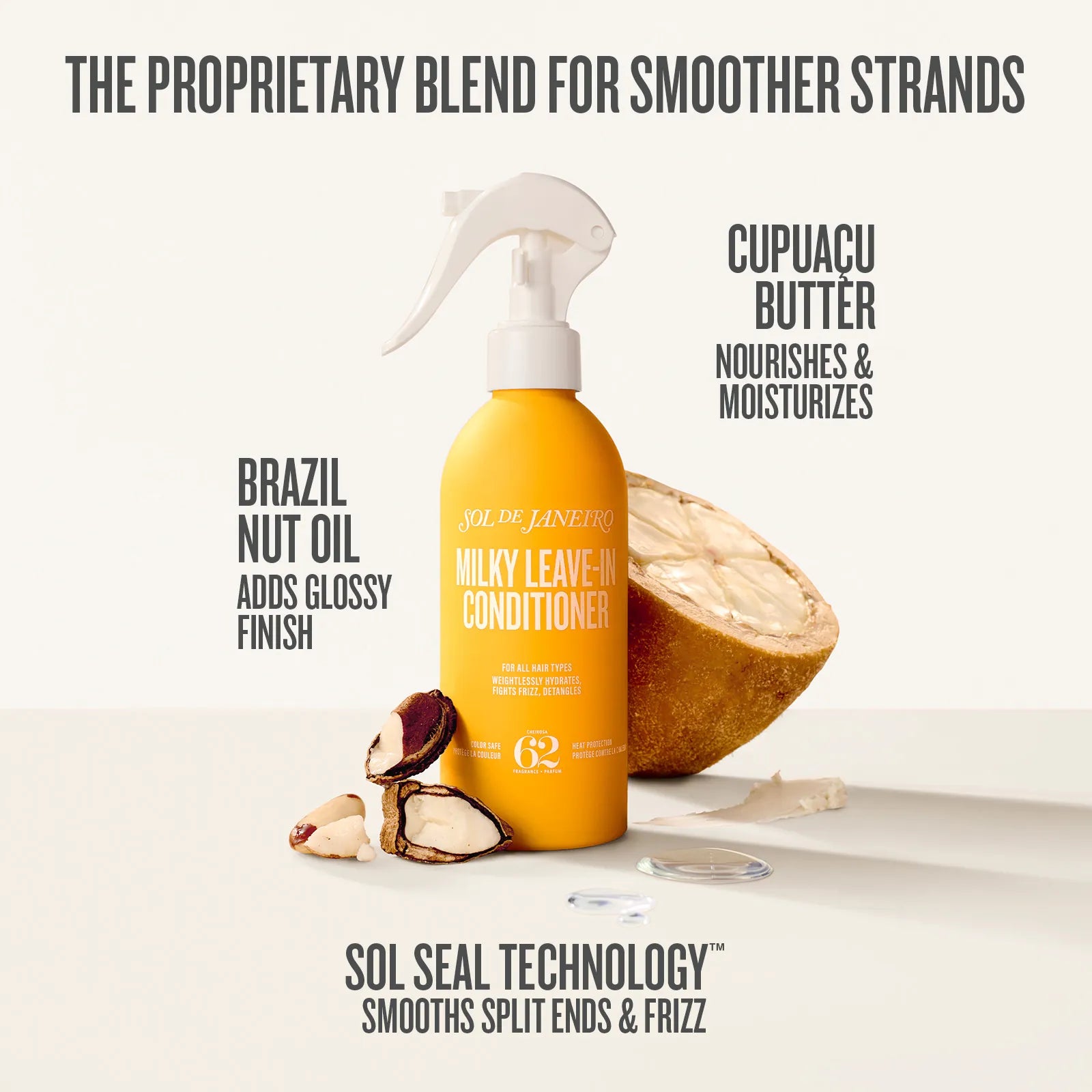 Orange conditioner bottle with coconut and text on a white background