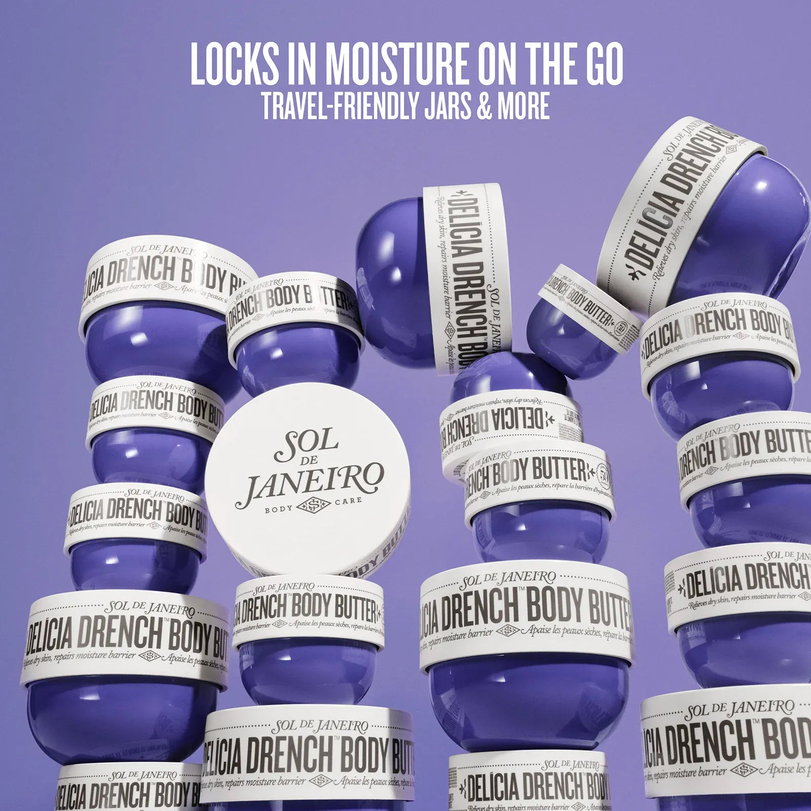 Blue jars with white labels featuring Sol de Janeiro branding on a purple background.