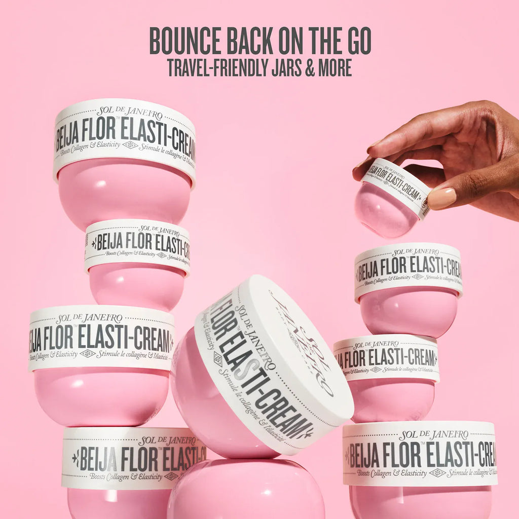 Pink jars of Beija Flor Elasti-Cream with a hand holding one jar against a pink background.

Bounce back on the go travel-friendly jars & more