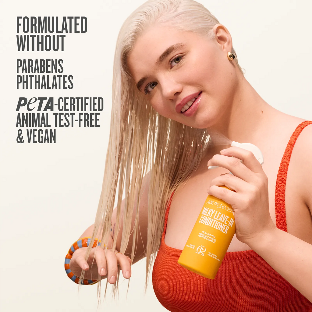 Woman holding a bottle of leave-in conditioner with product features listed on the left.