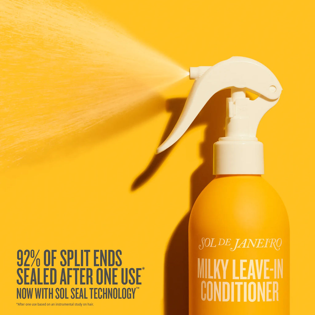 Orange Sol De Janeiro Milky Leave-In Conditioner bottle with spray nozzle on a yellow background
