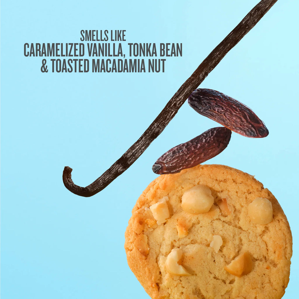 Cookie with vanilla bean and tonka bean on a light blue background
