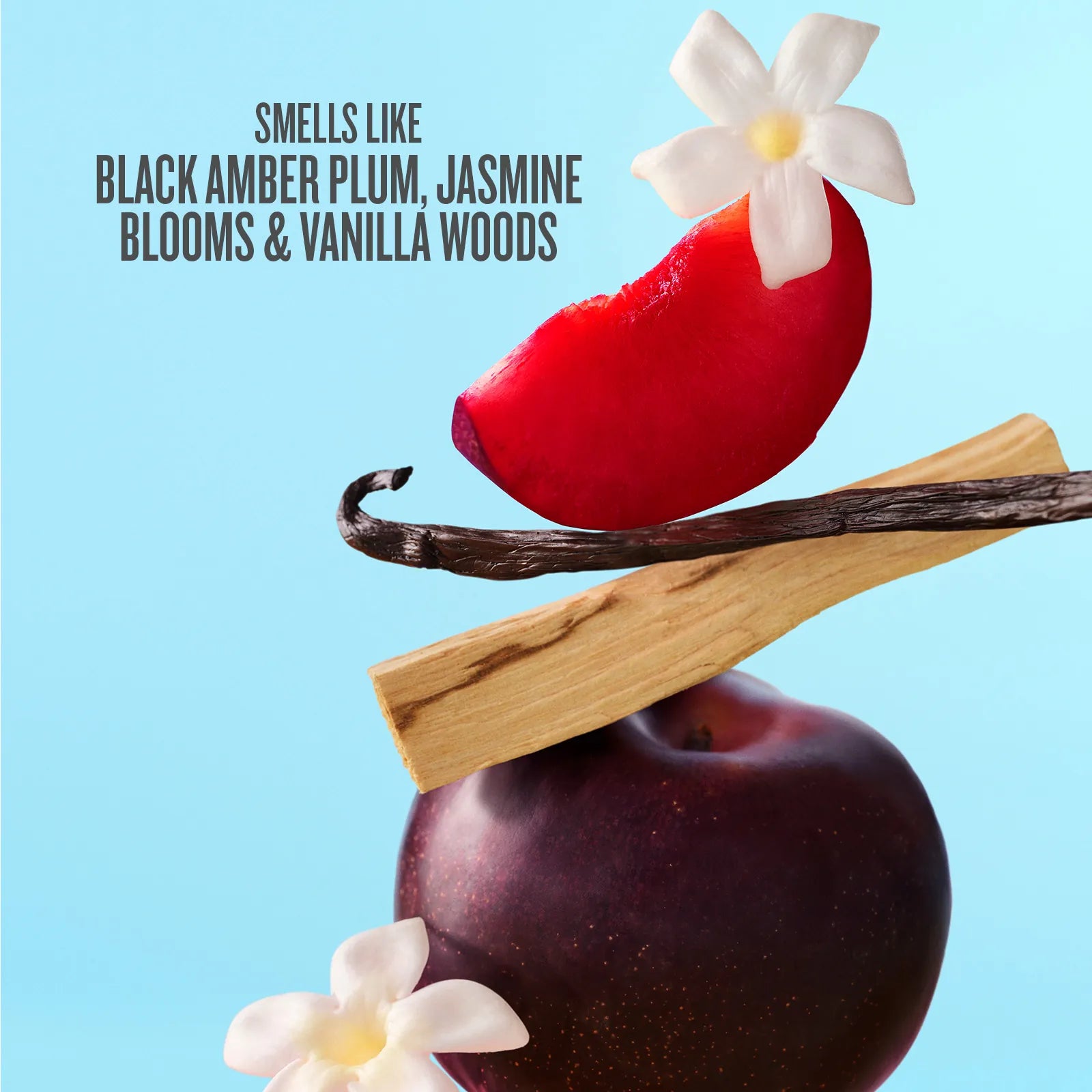 Red fruit with flowers and a vanilla bean on a light blue background