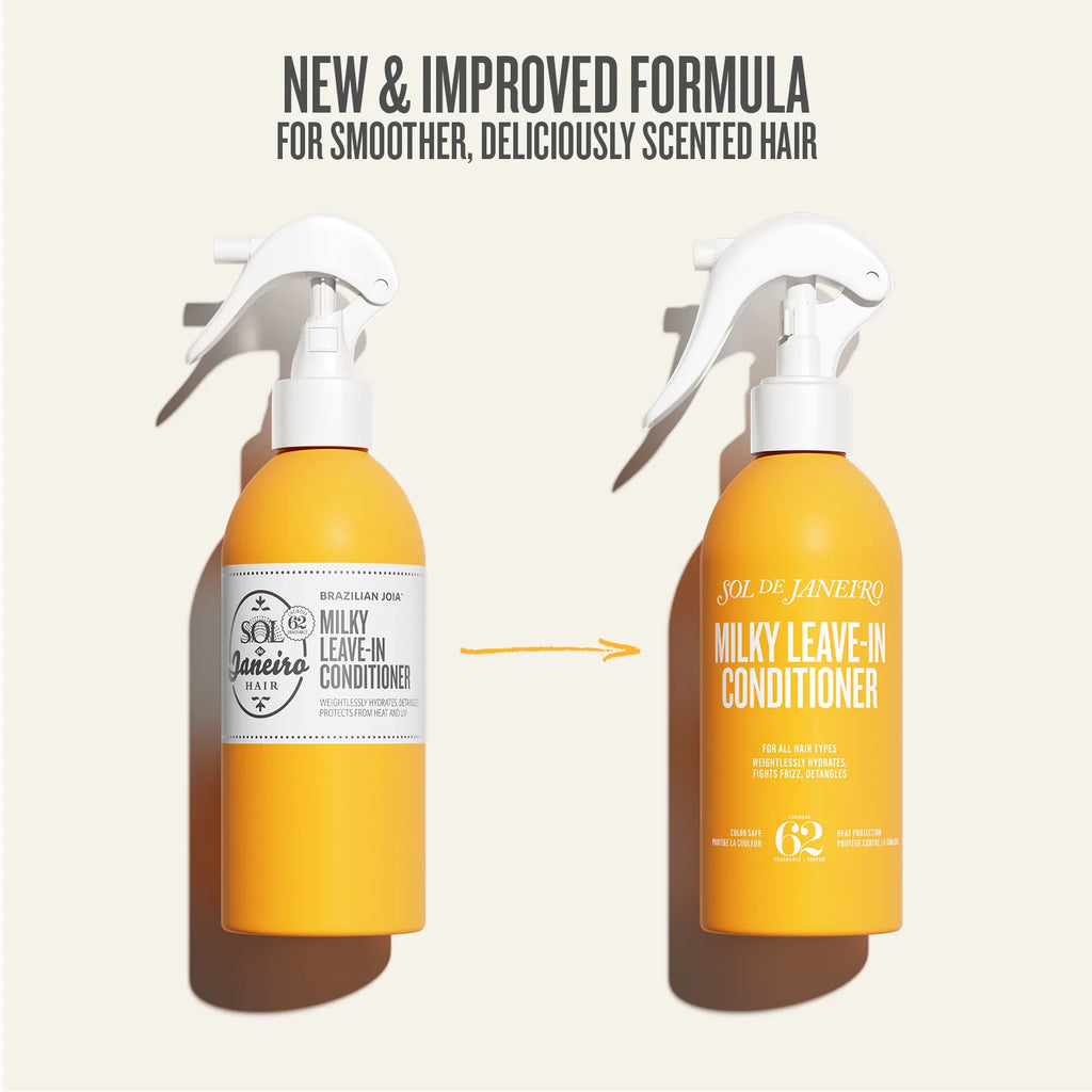 Two bottles of Sol de Janeiro Milky Leave-In Conditioner with a label indicating a new & improved formula.