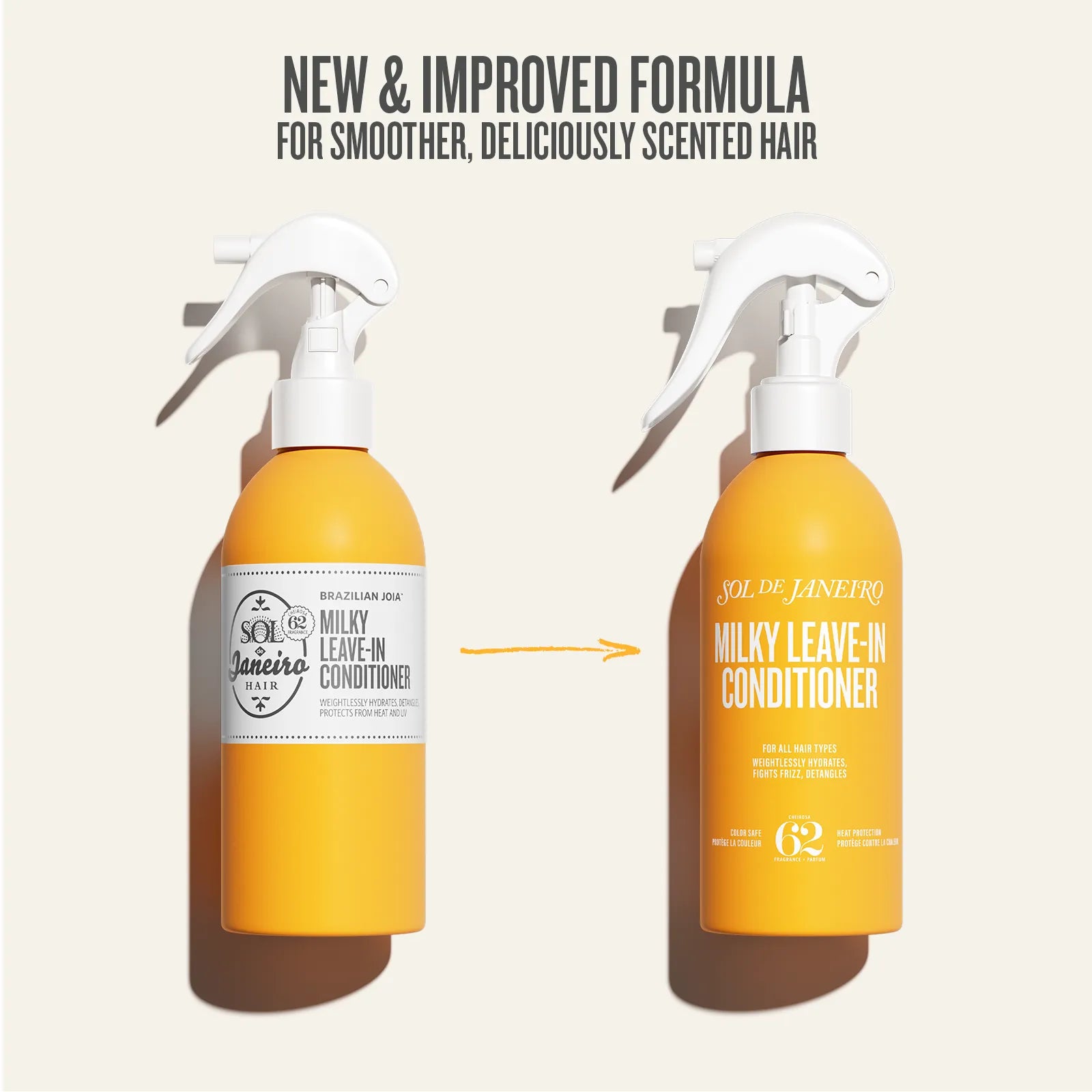 Two bottles of Sol de Janeiro Milky Leave-In Conditioner with a label indicating a new & improved formula.