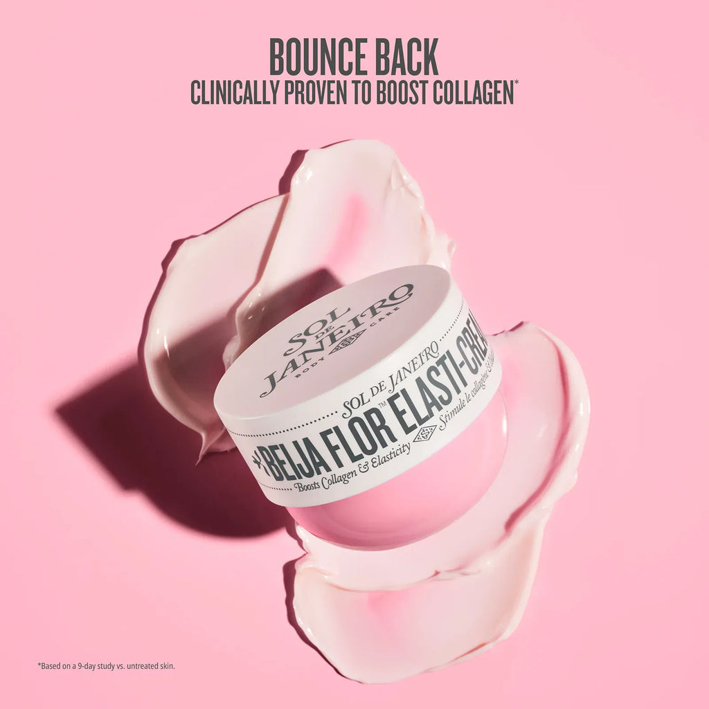 Cosmetic jar with a pink lid on a pink background, featuring Sol de Janeiro branding.
Bounce back clinically proven to boost collagen*