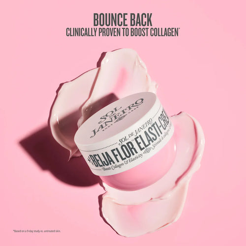 Cosmetic jar with a pink lid on a pink background, featuring Sol de Janeiro branding.
Bounce back clinically proven to boost collagen*