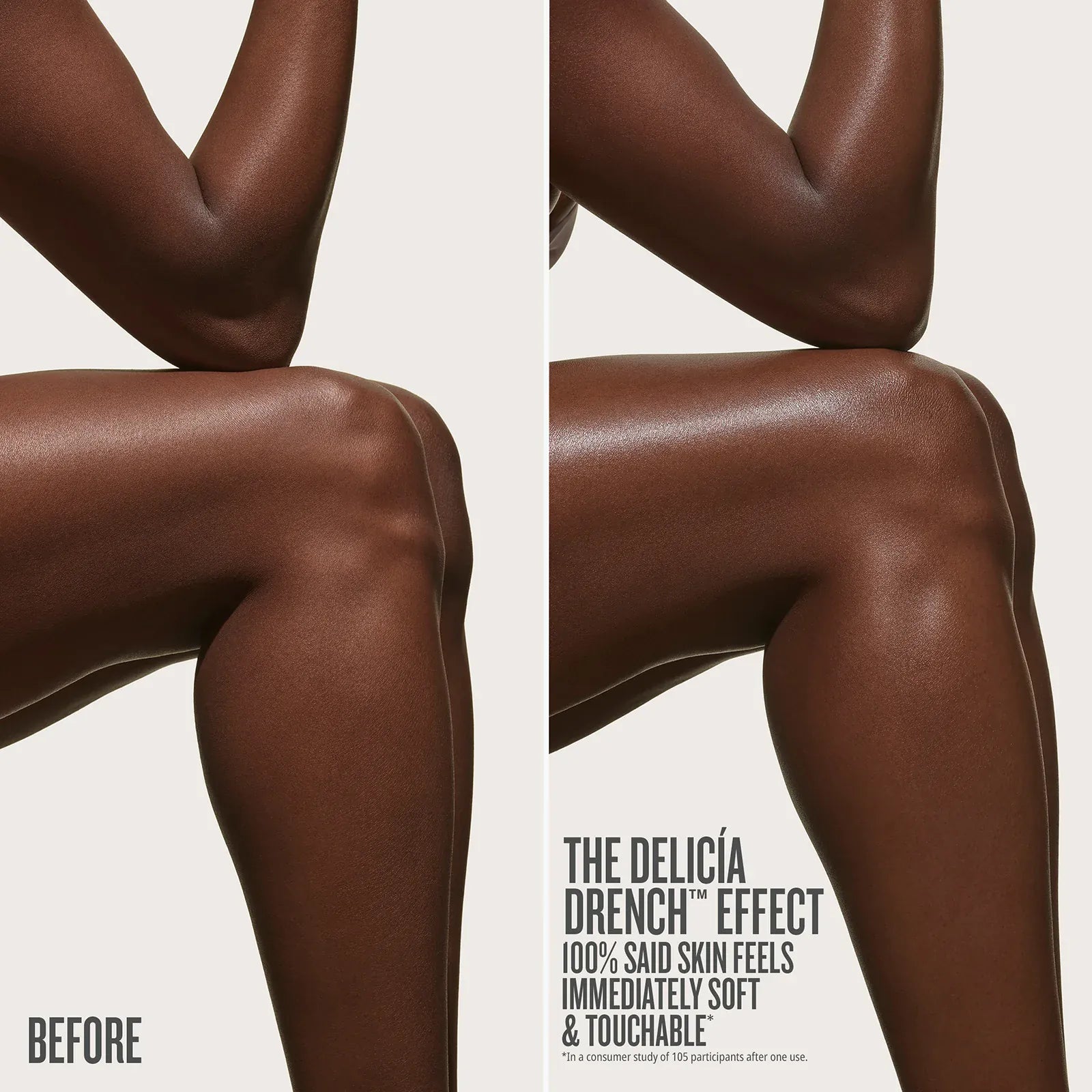 before / after the delicia drench effect 100% said skin feels immediately soft and touchable*
