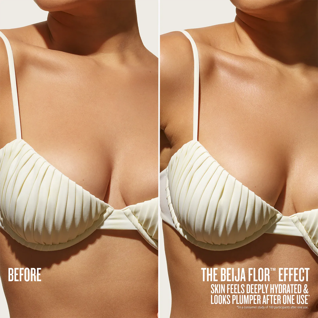 Before and after comparison of a woman wearing a white bikini top, with text about the Beija Flor effect.