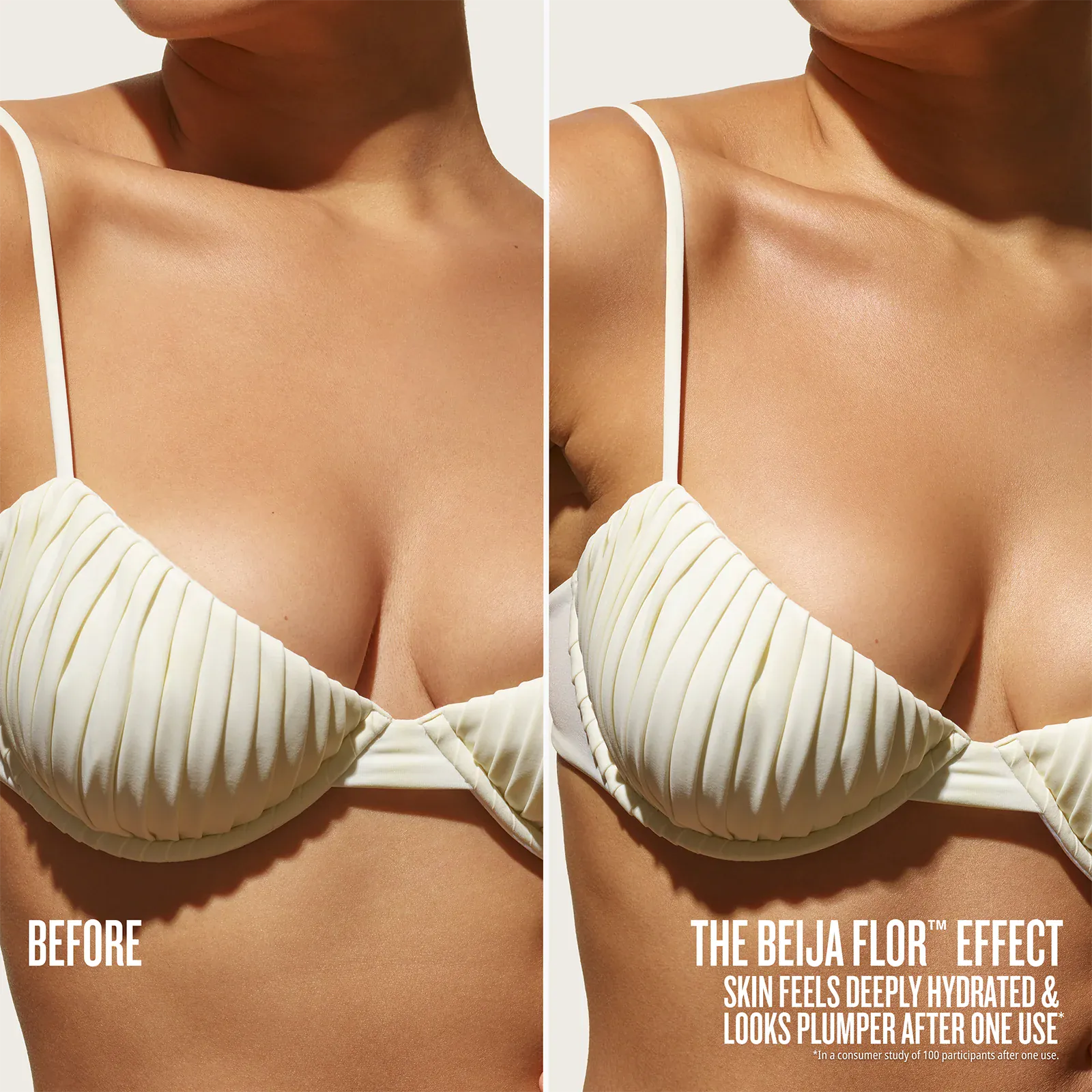 Before and after comparison of a woman wearing a white bikini top, with text about the Beija Flor effect.