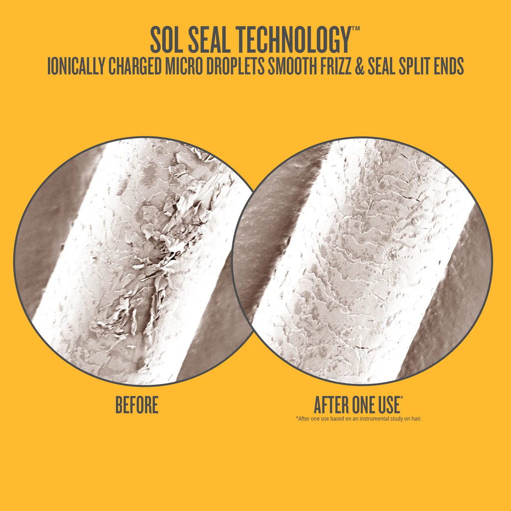 sol seal technology ionically charged micro droplets smooth frizz & seal split ends before and after one use