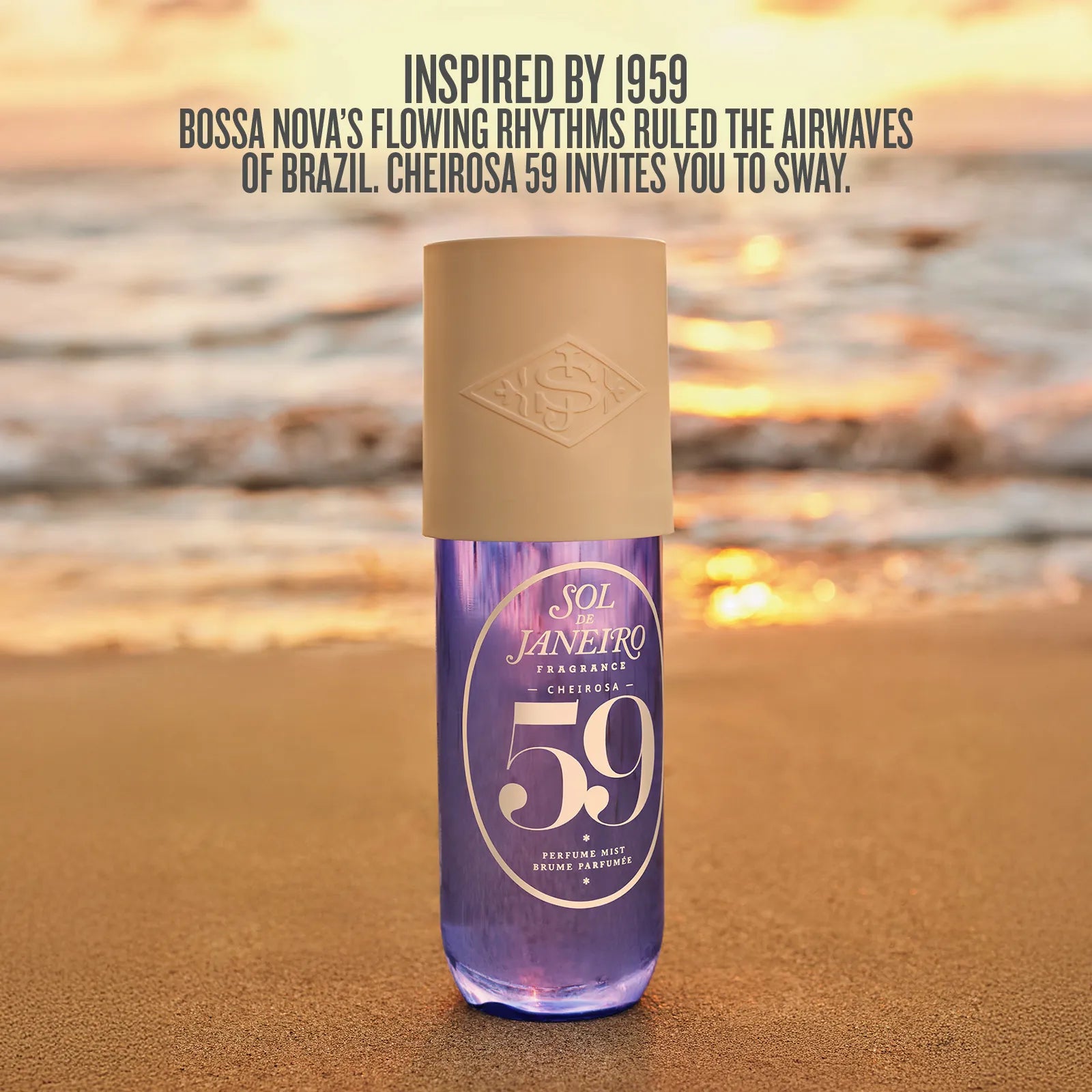 Bottle of Sol Janefro Cheirosa 59 perfume on a beach with sunset background