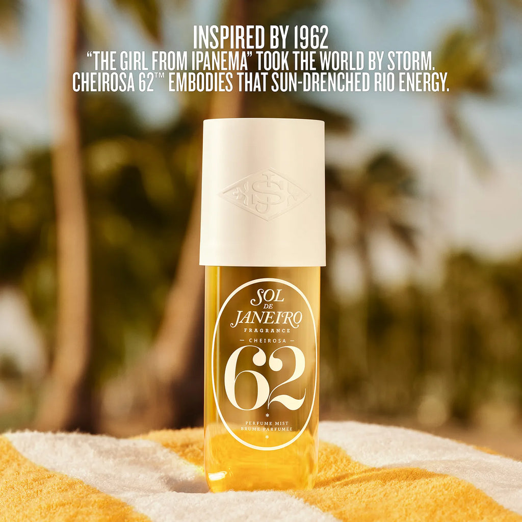 Sol de Janeiro fragrance bottle with text about 'The Girl from Ipanema' on a blurred beach background