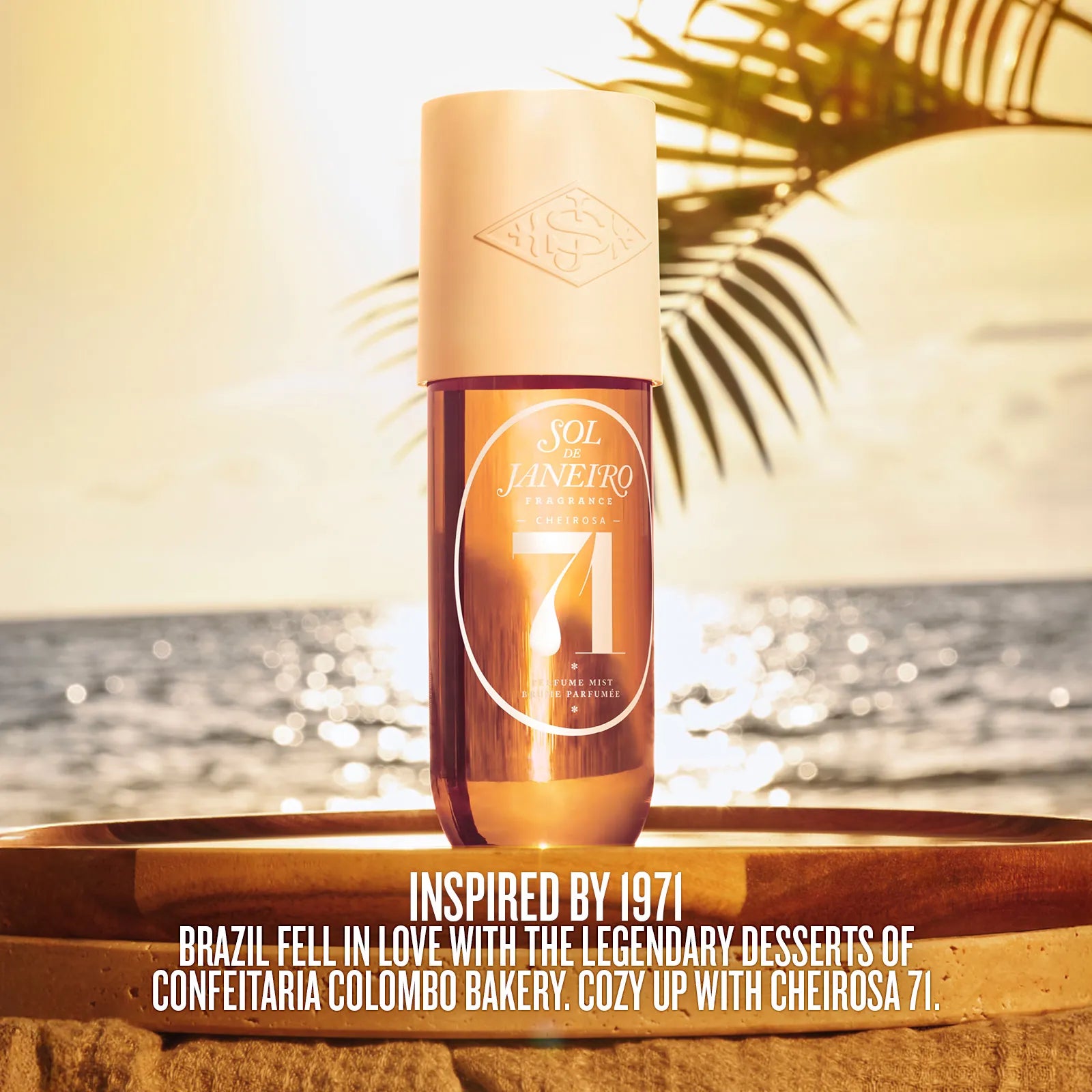 Bottle of Cheirosa 71 with beach and palm tree background