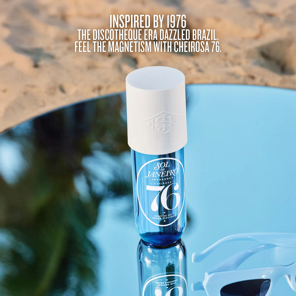 Blue bottle with white cap on a reflective surface, text about 1976 discotheque era.