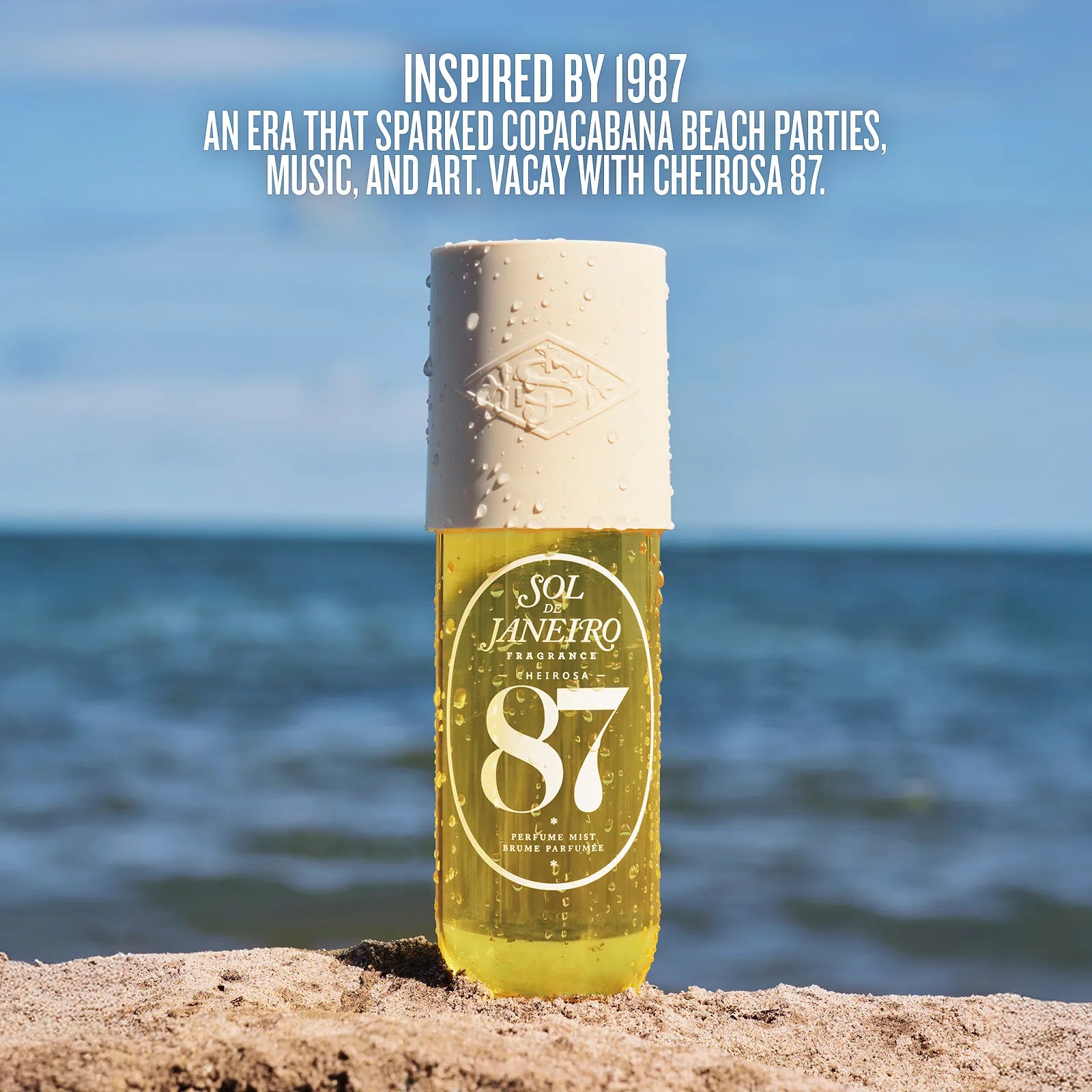 Bottle of Sol Janefro 87 on a beach with ocean view and promotional text.