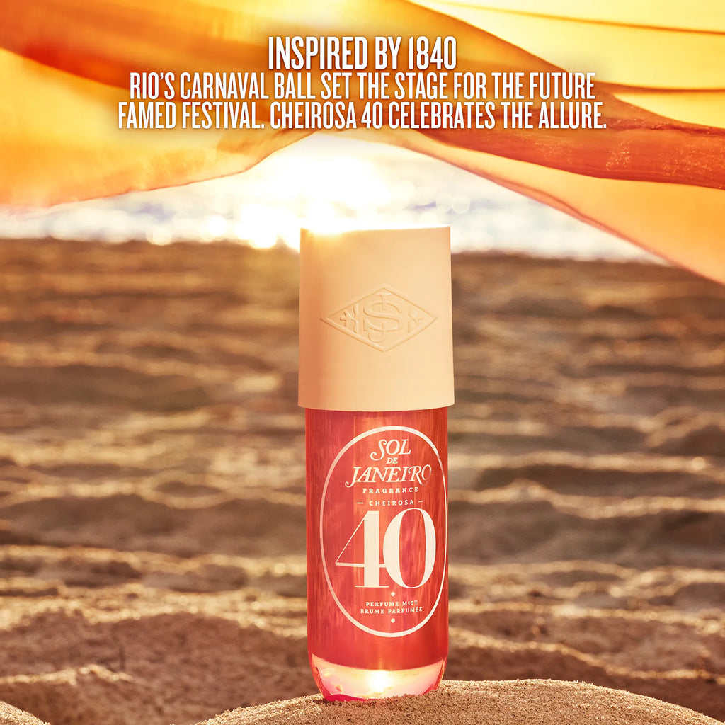 Bottle of Sol de Janeiro Cheirosa 40 against a desert background with text about Rio's Carnaval.