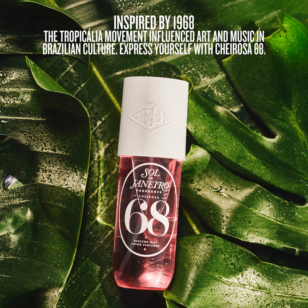 Bottle of Sol de Janeiro perfume with '68' on a leafy background
