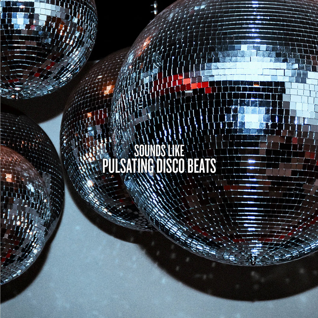 Close-up of a disco ball with text 'SOUNDS LIKE PULSATING DISCO BEATS' on a dark background