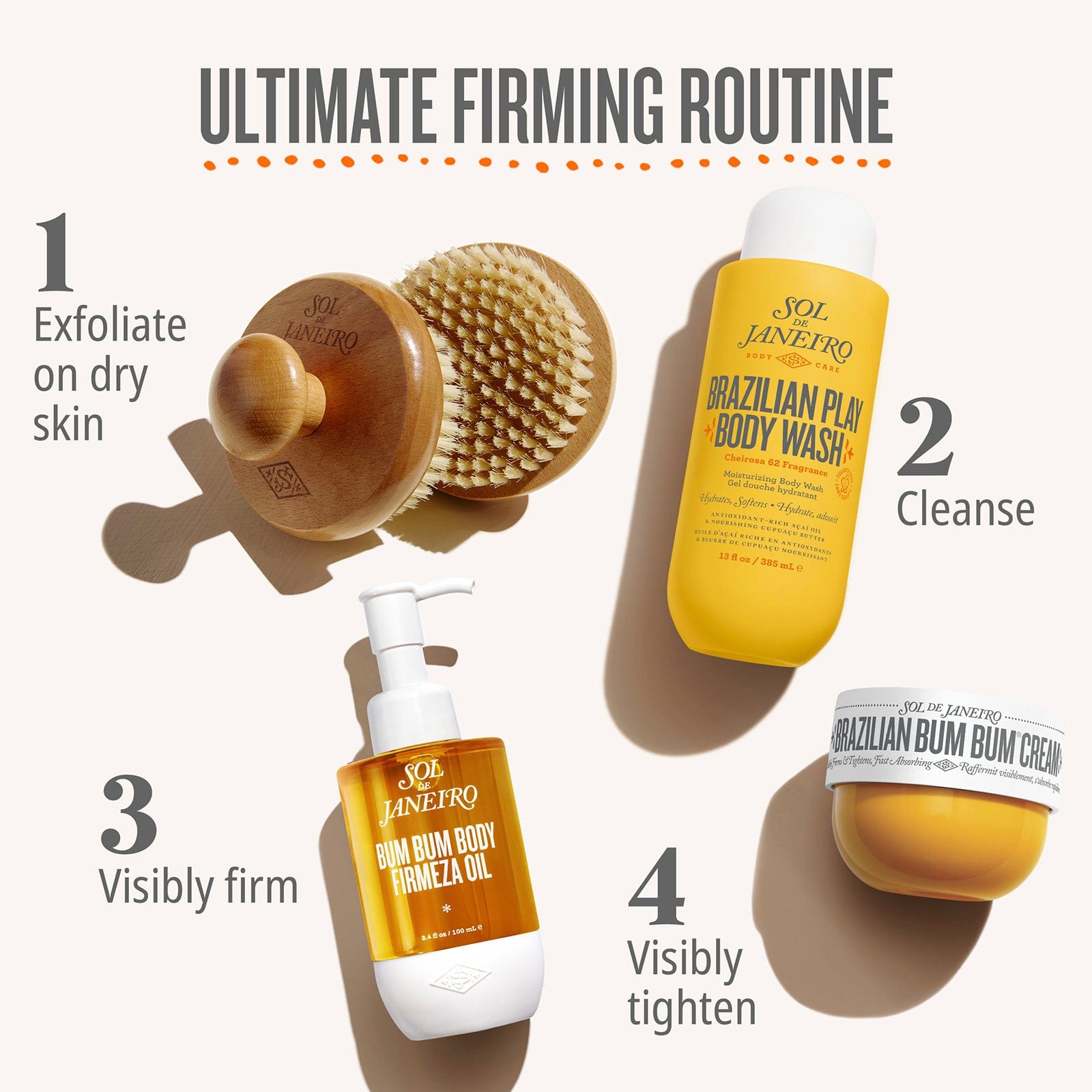 Ultimate firming routine 1. exfoliate on dry skin 2. cleanse 3. visibly firm 4. visibly tighten
