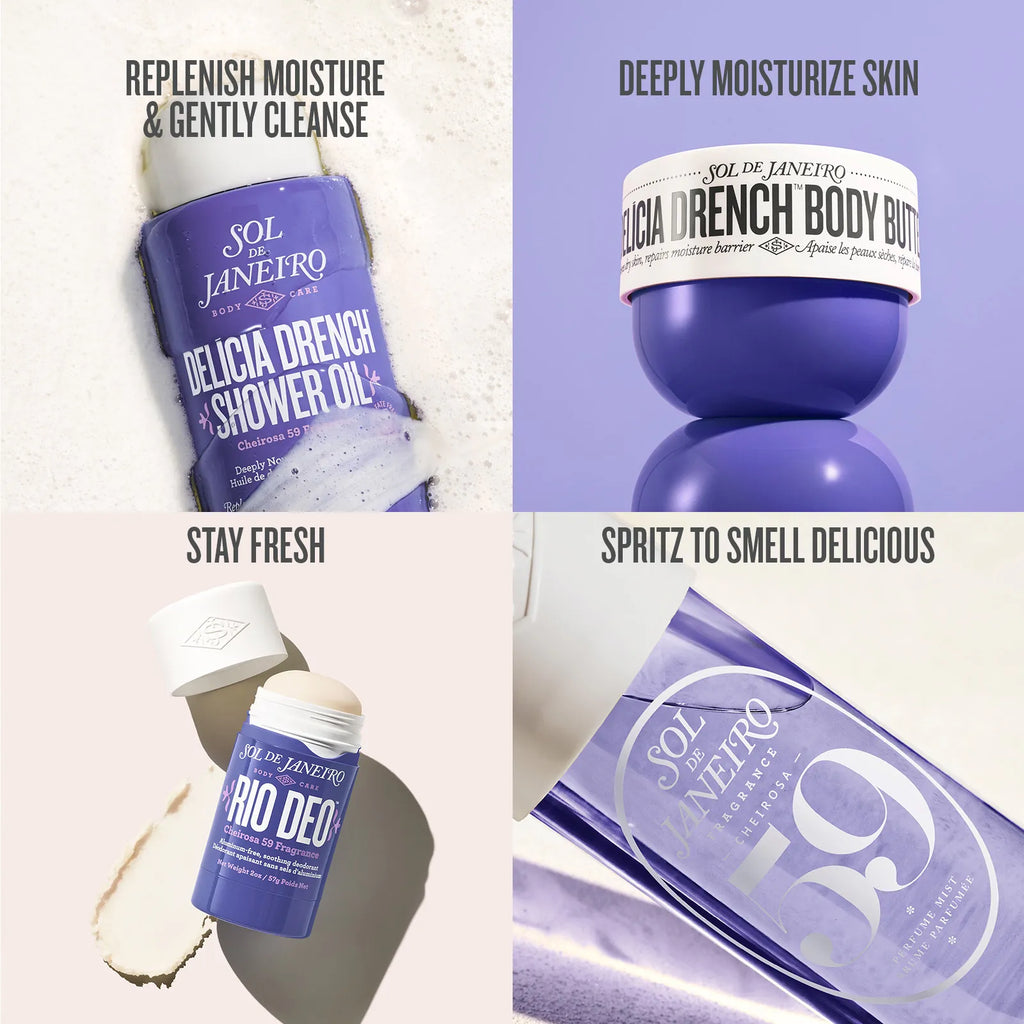 Collection of Sol de Janeiro skincare products including shower oil, body butter, and deodorant on a white background.