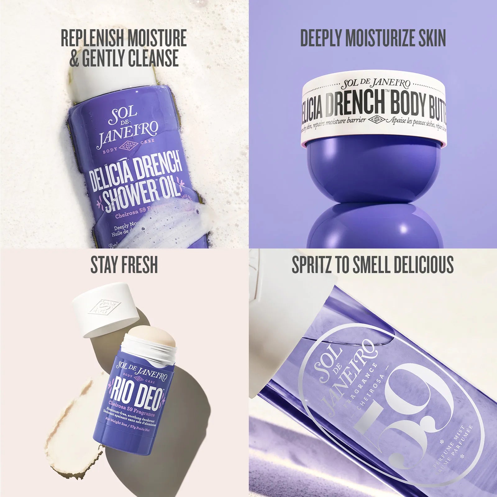 Collection of Sol de Janeiro skincare products including shower oil, body butter, and deodorant on a white background.