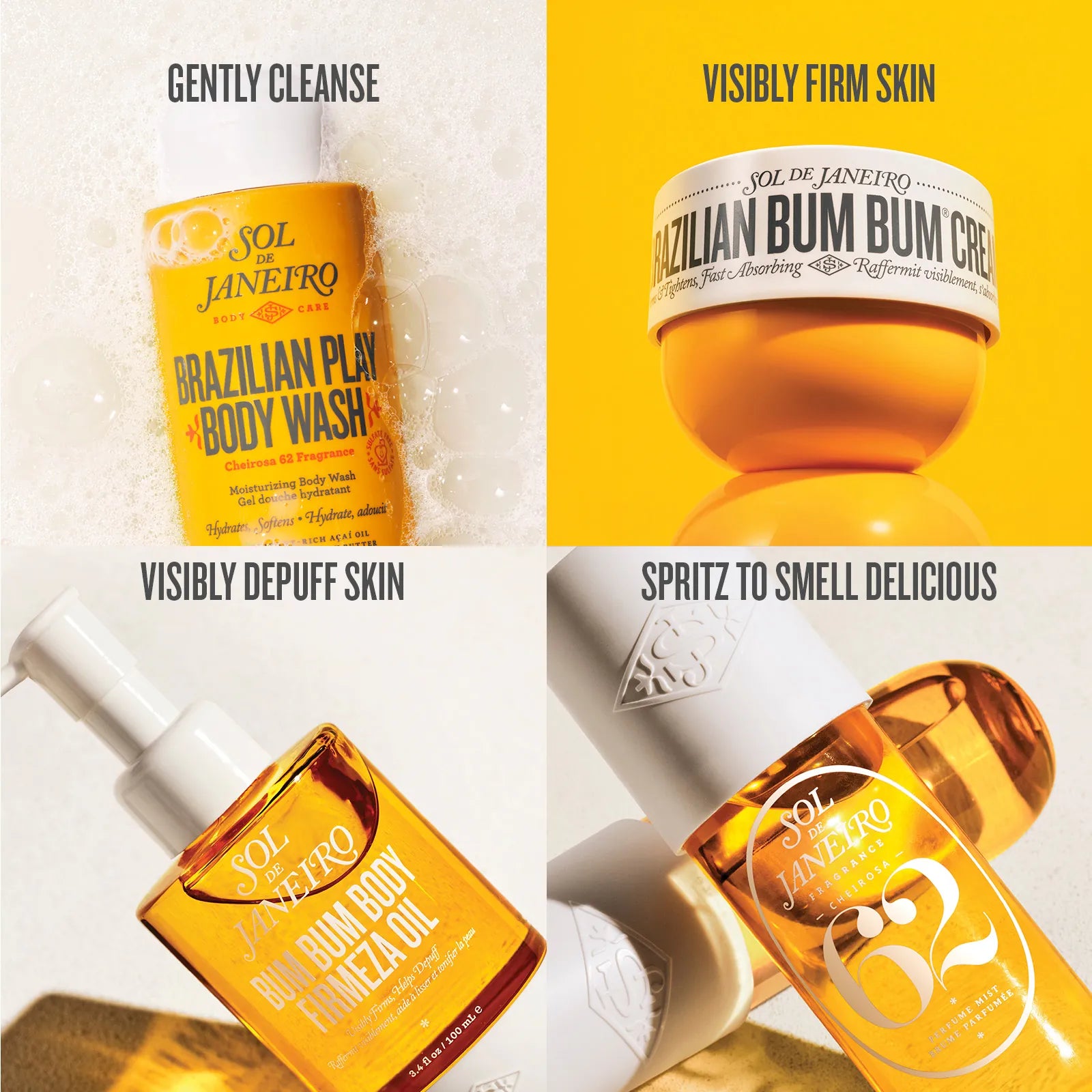 Collection of Sol de Janeiro skincare products with text describing their benefits.