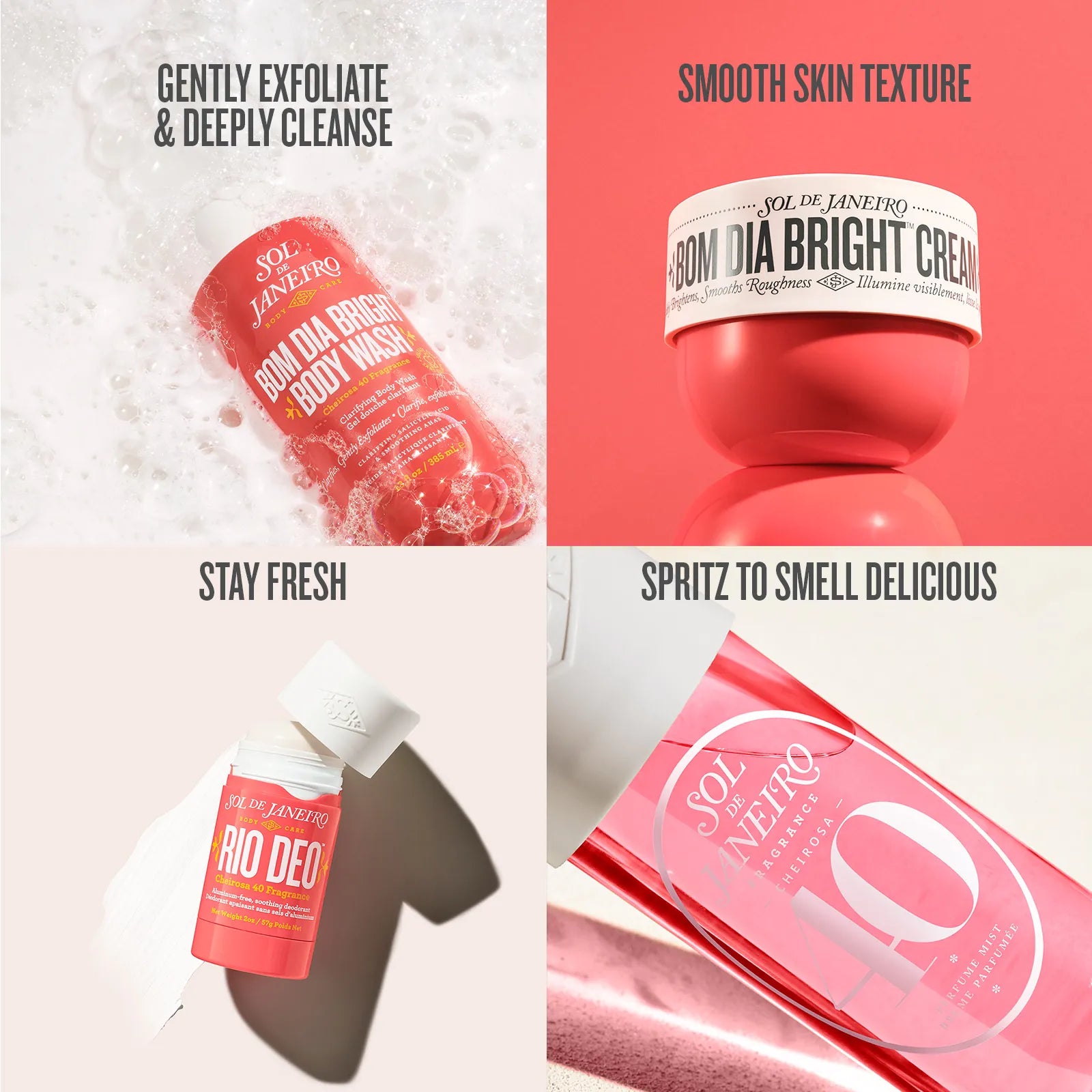 Promotional collage of Sol de Janeiro skincare products with text describing their benefits.