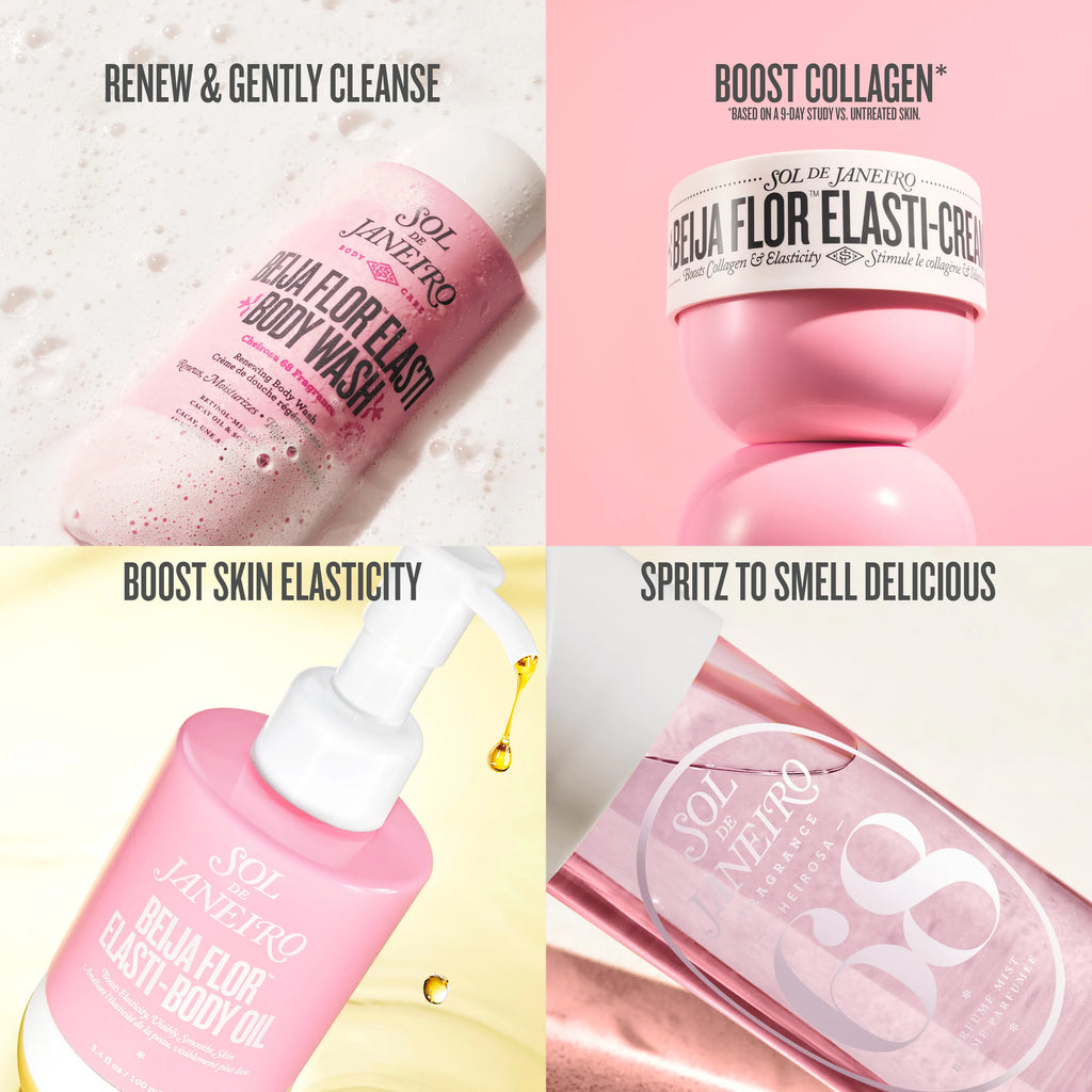 Collection of Sol de Janeiro skincare products with text highlighting features on a pink and white background.