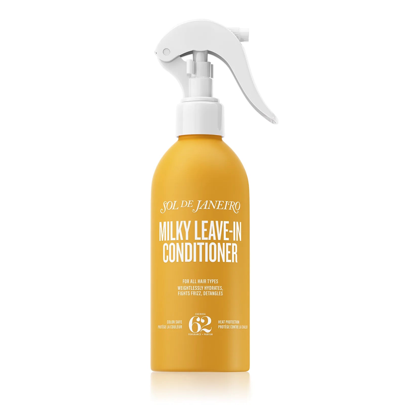 Yellow bottle of Sol de Janeiro Milky Leave-In Conditioner on a white background
