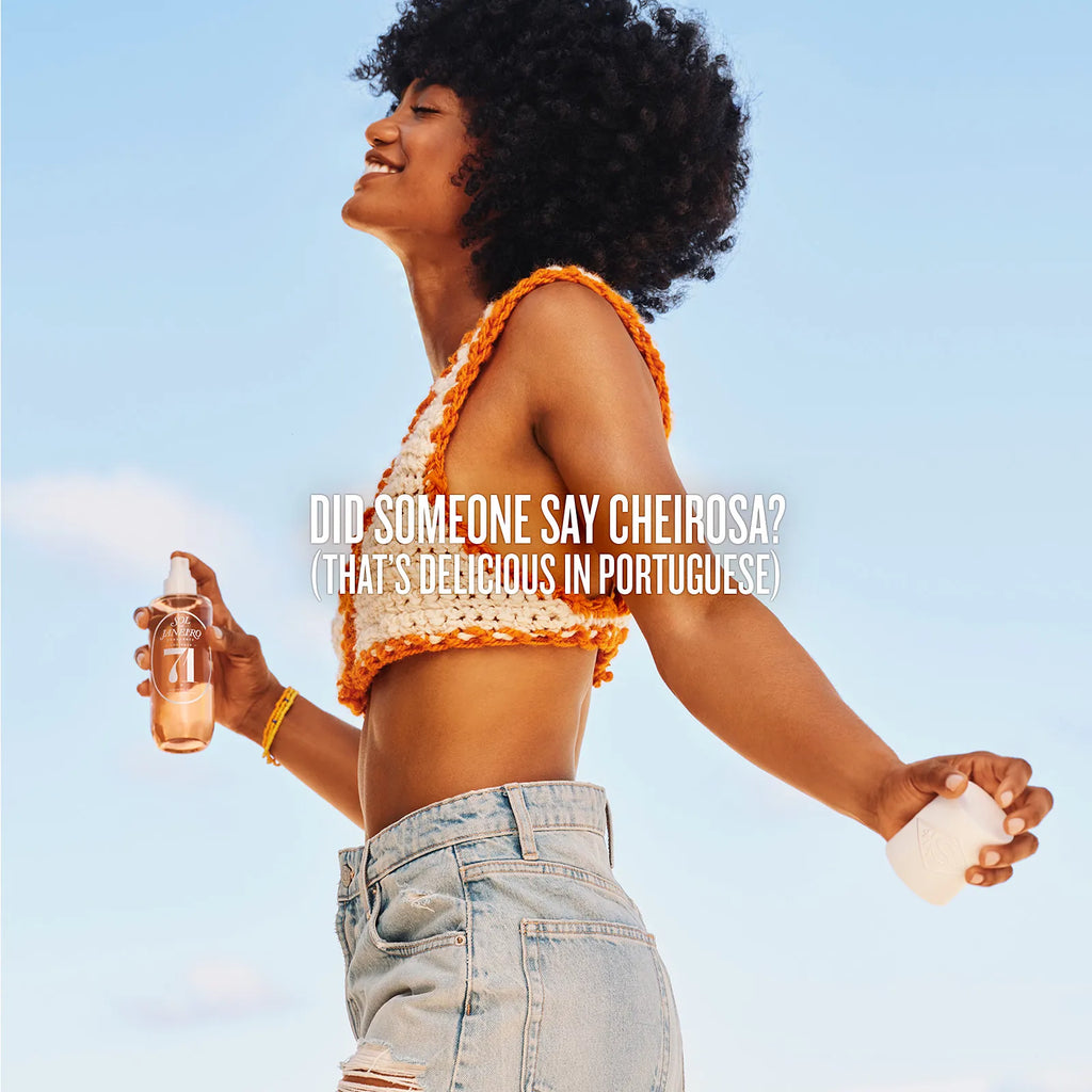 Woman holding a bottle with text overlay against a clear blue sky
