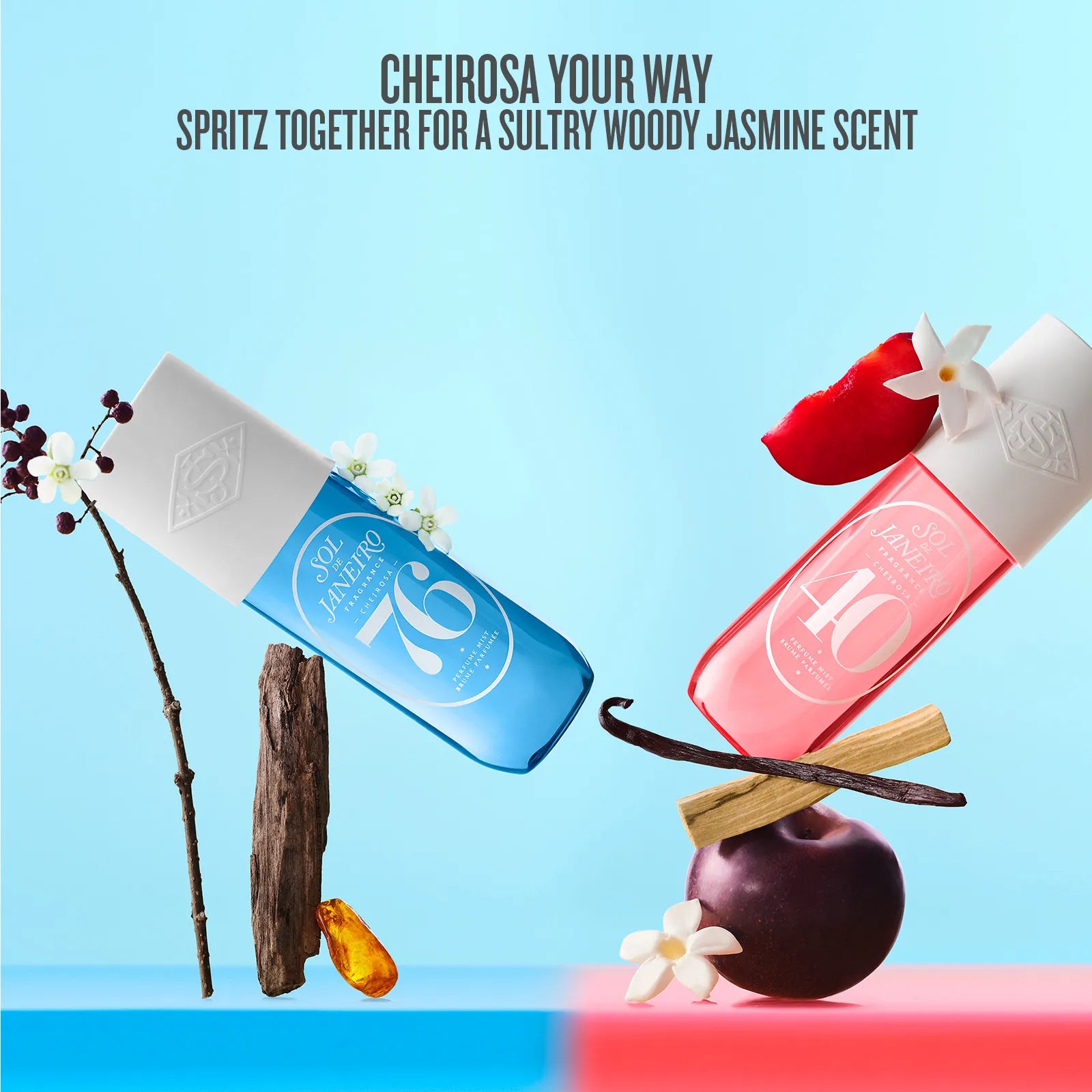 Two skincare bottles with natural elements on a blue and red background, promoting a sultry woody jasmine scent.