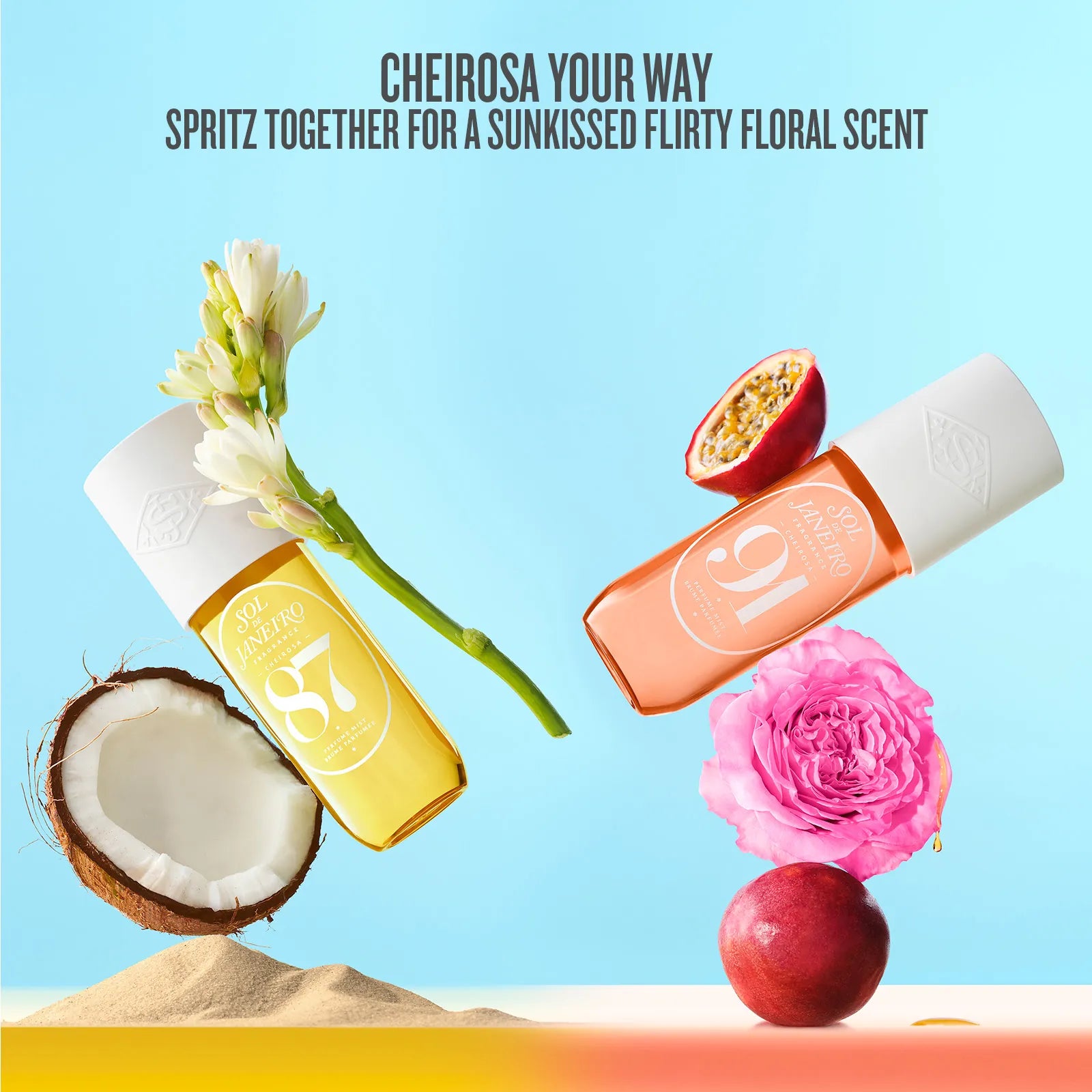 Three colorful spray bottles with flowers and fruits on a blue background, promoting a floral scent.