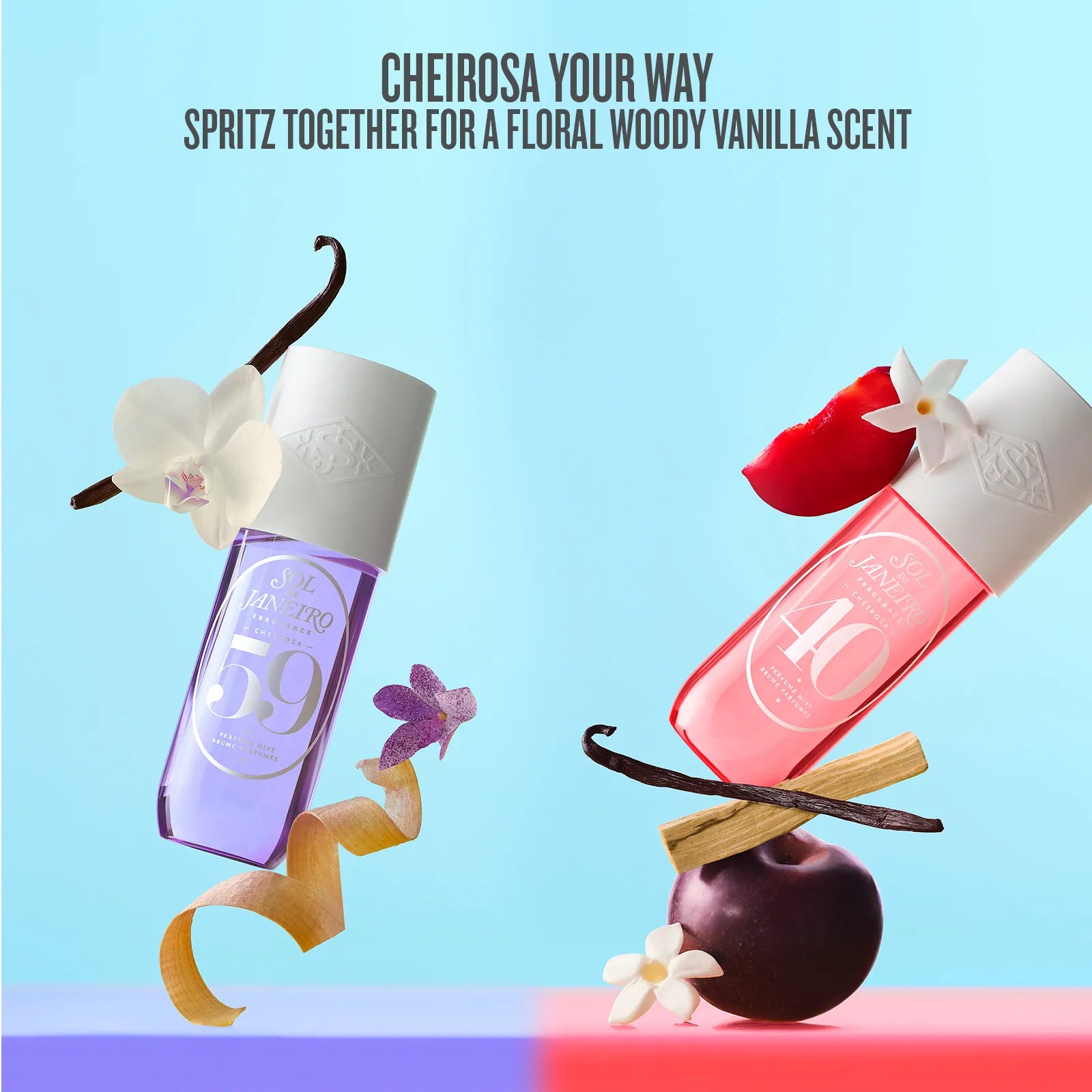 Two perfume bottles with floral and fruit elements on a colorful background