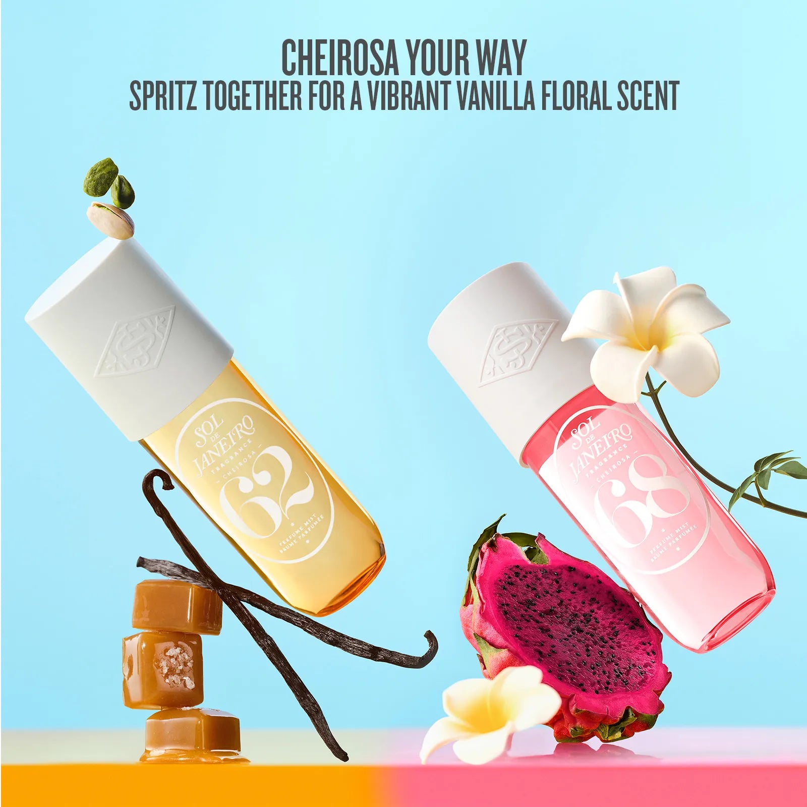 Two bottles of Cheirosa perfume with vanilla, dragon fruit, and flower elements on a colorful background.