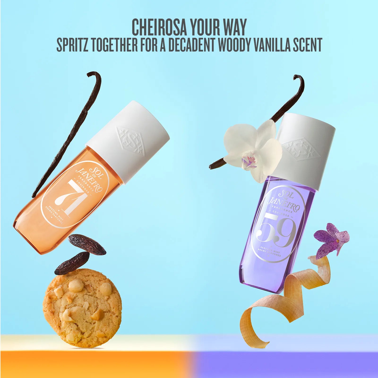 Two perfume bottles with vanilla and cookie elements on a blue background