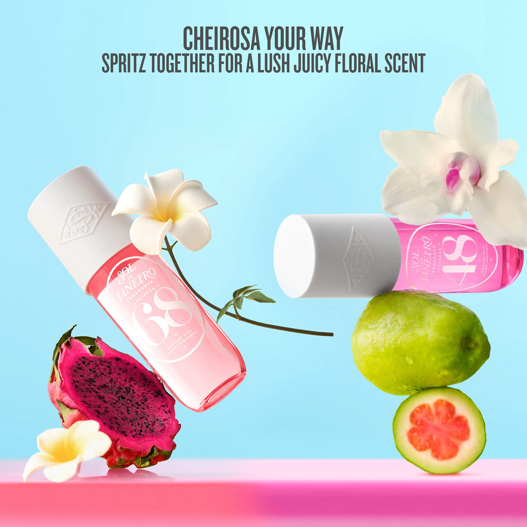 Two bottles of Cheirosa perfume with fruits and flowers on a light blue background