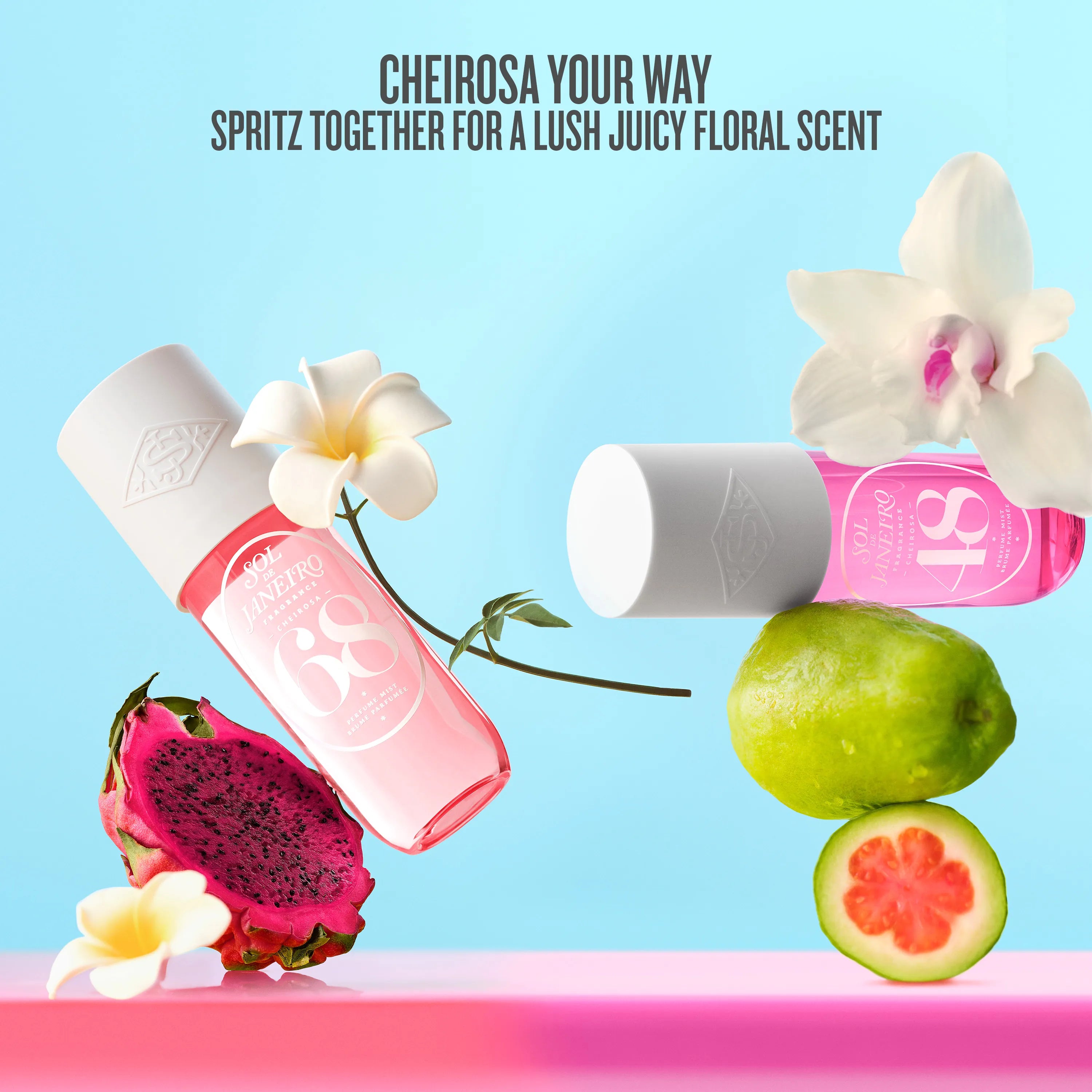 Two bottles of Cheirosa perfume with fruits and flowers on a light blue background
