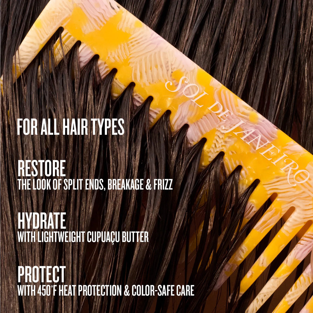 Comb with text about hair care products on a yellow comb