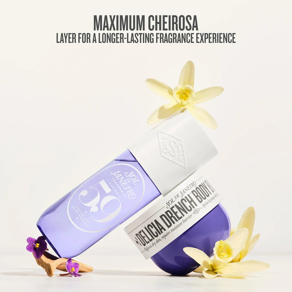 Two bottles of Delicia French Body cream with flowers on a white background