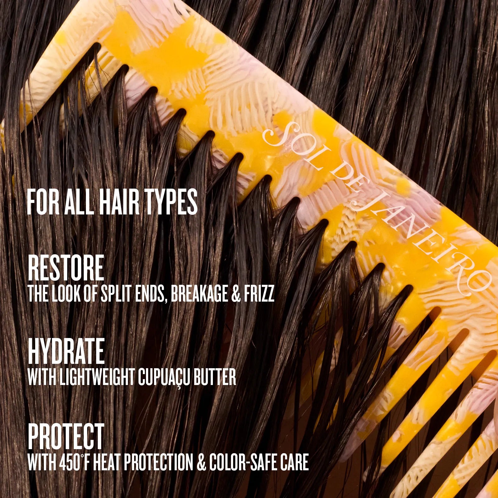 Comb with text about hair care products on a yellow comb